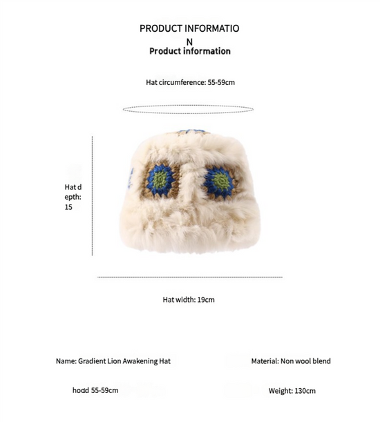 Plush Floral Bucket Hat,Warm Crocheted Winter Hat in Pink-Hat circumference: 56-60cm