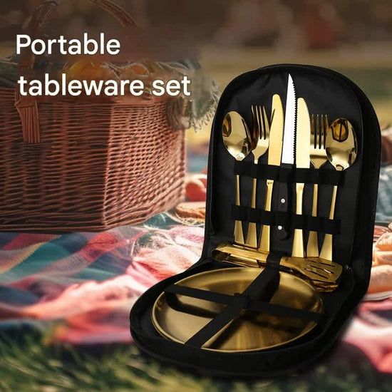6-Piece Portable Stainless Steel Cutlery Set with Plate and Bag - Gold, Great for Camping and Travel (Teaspoon)