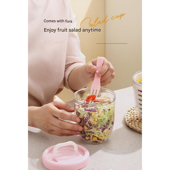 Yellow Double Layer Salad Cup with Fork - Leak-proof Fruit Container, Drain Design, Portable Oatmeal and Picnic Jar