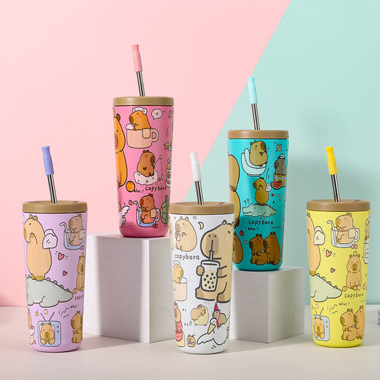 304 Stainless Steel Insulated Tumbler,Cartoon Design Portable Straw Cup for Home and Office(Off-white)
