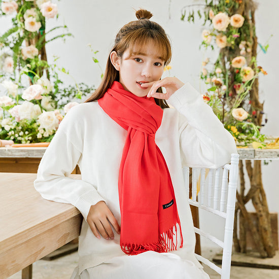 Luxe Soft Imitation Cashmere Scarf - Warm Solid Tone Shawl with Elegant Fringe(Red bean paste)
