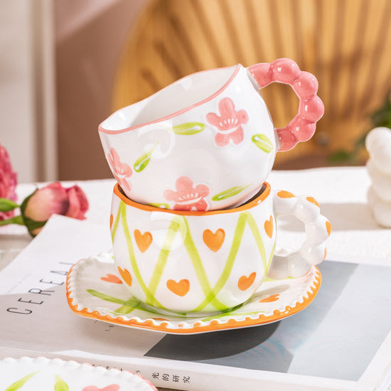 Hand-Painted Ceramic Coffee Mug and Saucer Set - Whimsical Afternoon Tea Cup with Spoon(White cloud-pink)