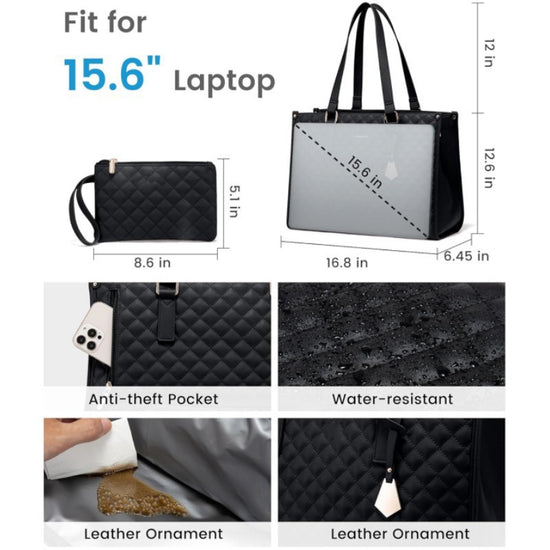 Stylish Quilted Laptop & Lunch Tote Bag , Water-Resistant with Insulated Compartment & Clutch(black)