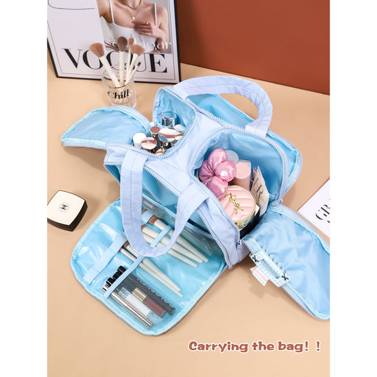 Portable Multi-Compartment Travel Toiletry & Makeup Organizer Bag with Brush Holders(Black)