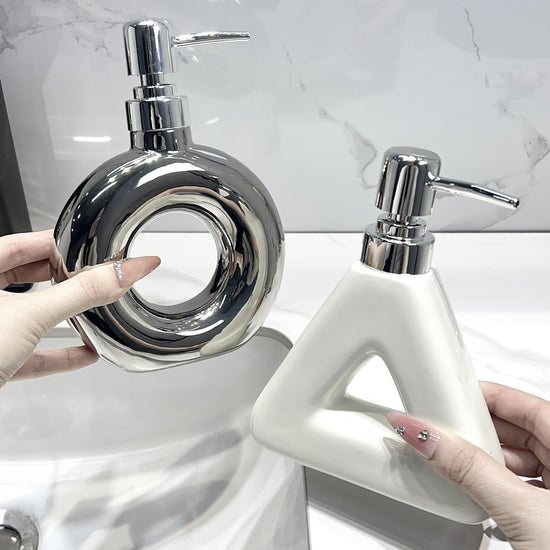 Modern Ceramic Soap & Lotion Dispenser - Unique Geometric Designs, 300ml Capacity(Donut lotion bottle milky white)