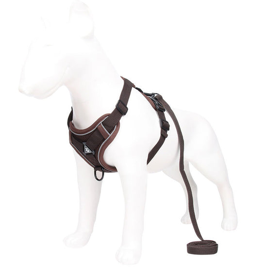 Brown Reflective Mesh Dog Harness and Leash Set - Adjustable No-Pull Vest - L