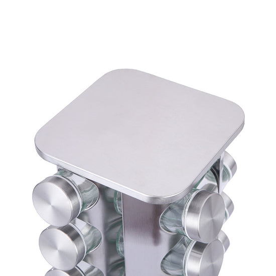 Modern stainless steel rounded corner rotating spice rack with 16 empty glass jars (88 ml each)