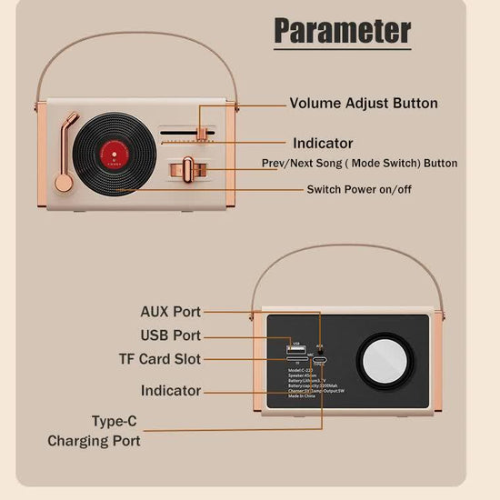 Beige Retro Record Player Style Bluetooth Speaker - Portable Wireless Turntable Design Audio