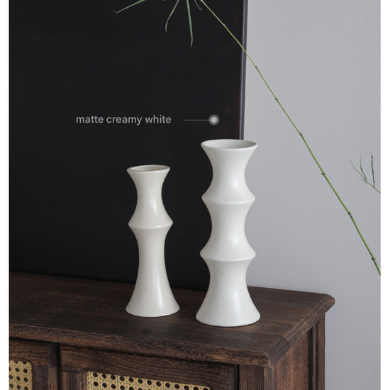 Matte White Ceramic Vase - Unique Bamboo Shape Design (25.5x9x7cm)
