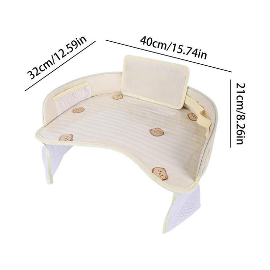 Kids Car Seat Travel Tray - Waterproof Lap Desk with Storage Pockets (Beige Bear - Round)