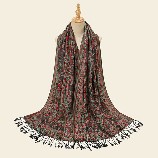 Black Elegant Retro Paisley Print Scarf for Women - Soft Fashion Shawl Wrap 185x70cm