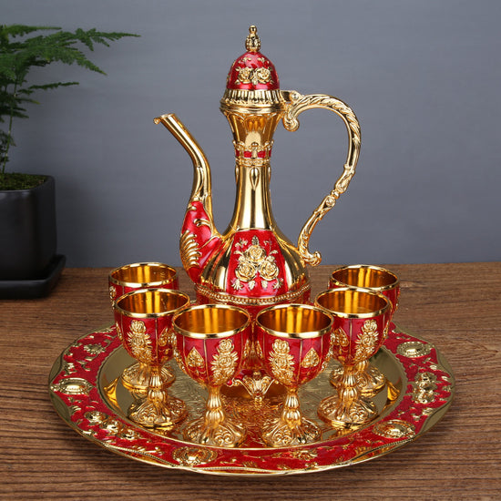 Vintage Palace Style Liquor Serving Set - Metal Pot, 6 Cups & Tray (Golden Red)
