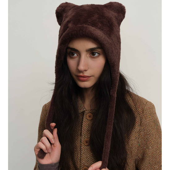 Dark brown Fluffy Cat Ear Winter Earflap Hat Women Knitted Warm Cold Weather Cap