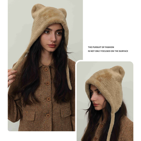Beige Fluffy Cat Ear Winter Earflap Hat Women Knitted Warm Cold Weather Cap