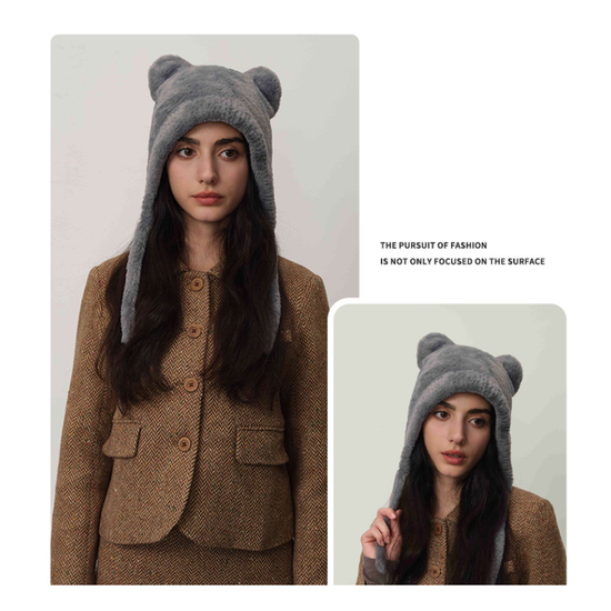 Light gray Fluffy Cat Ear Winter Earflap Hat Women Knitted Warm Cold Weather Cap
