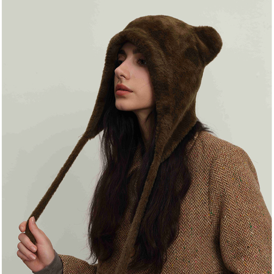 Green glass Fluffy Cat Ear Winter Earflap Hat Women Knitted Warm Cold Weather Cap