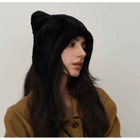 Black Fluffy Cat Ear Winter Earflap Hat Women Knitted Warm Cold Weather Cap