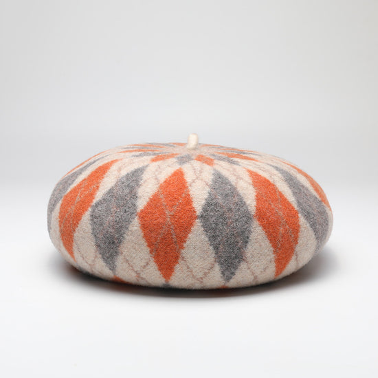 Diamond Colorblock Wool Beret - Stylish Plaid Painter Hat, Warm and Soft - (Orange)