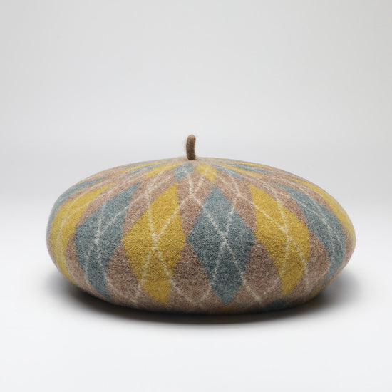Diamond Colorblock Wool Beret - Stylish Plaid Painter Hat, Warm and Soft - (Yellow)