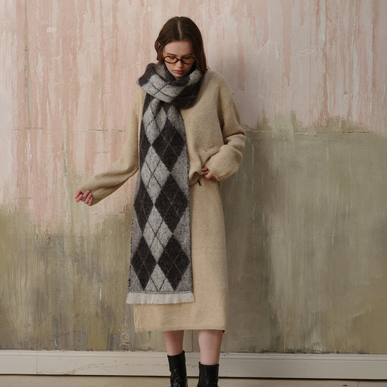 (Black+Grey)Two-Tone Argyle Pattern Scarf - Ladies&