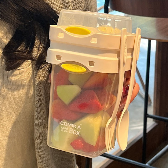 White Portable salad cup with ingredient compartment and fork and spoon - enjoy breakfast on the go