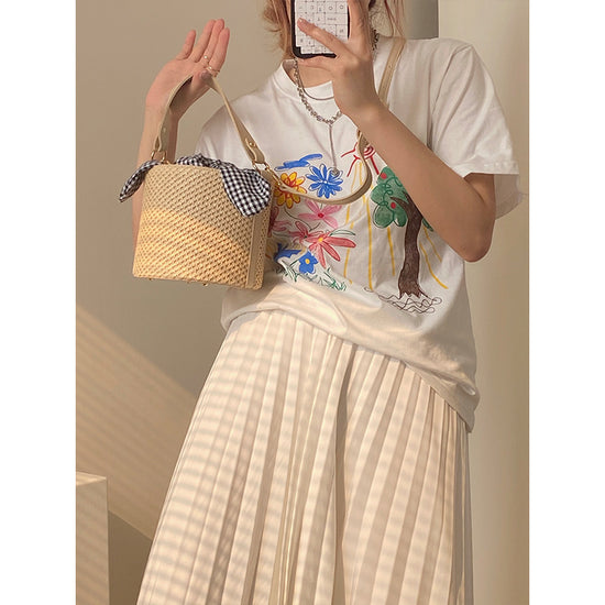 Woven Straw Bucket Bag with Gingham Bow Accent - Mini Top Handle & Crossbody