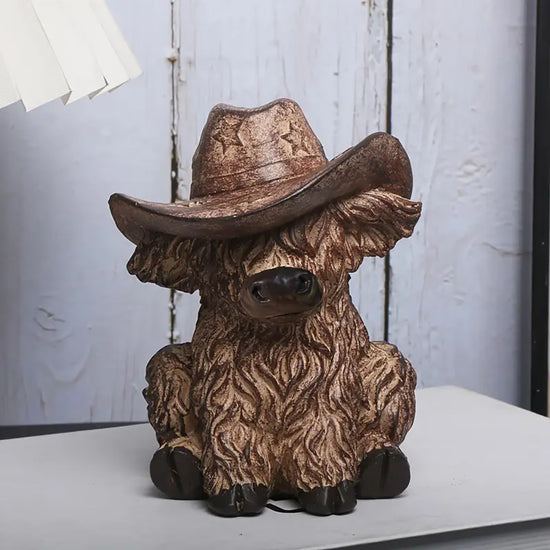 Rustic Highland Cow Statue with Cowboy Hat - Resin Farmhouse Decor