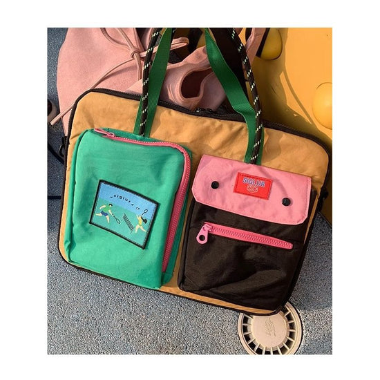 Black Color Block Canvas Laptop Tote Bag - Funky Multi-Pocket Design for Women (37*31*3cm)