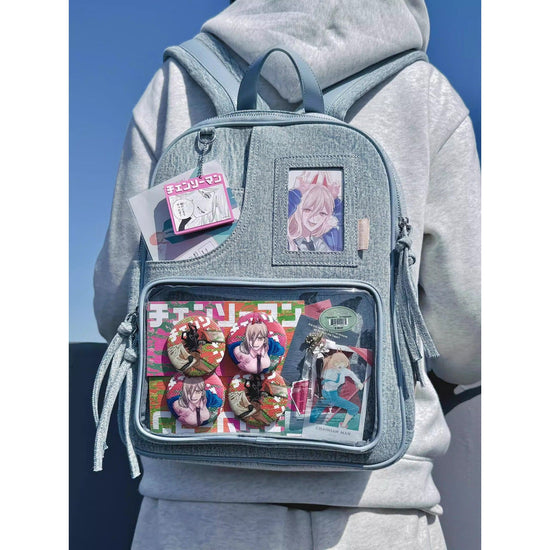 Light blue Large Capacity Anime Denim Bookbag for School Commute Anime Fans