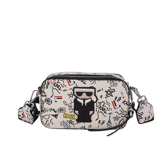 Beige Unique Doodle Print PU Leather Bag - Lightweight Crossbody with Character