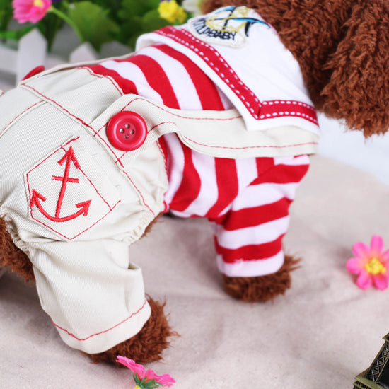 Red Cute Sailor Dog Outfit - Striped Shirt & Anchor Overalls for Small Dogs (Size : M )