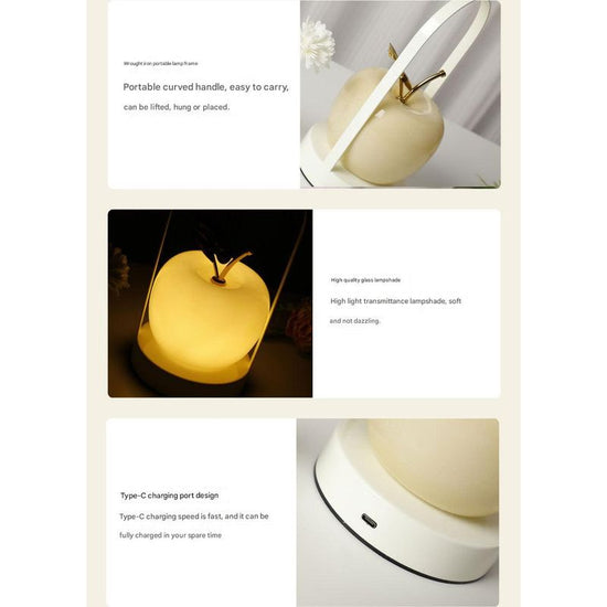 Orange Decorative Apple Table Lamp - USB-C, 3 Light Modes, Metal Handle