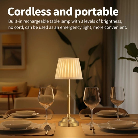 Gold and White Elegant Rechargeable Fabric Shade LED Lamp - Cordless Touch Stepless Dimmable Table Light