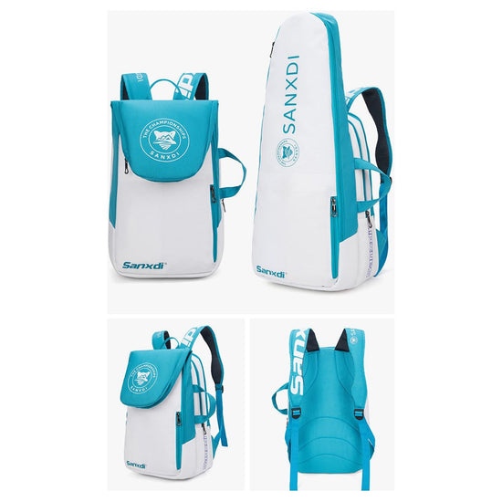 Blue and White Multifunctional Tennis & Badminton Backpack - Waterproof Racket Bag with Shoe Compartment