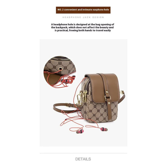 Brown and Black Chic Checkered Mini Crossbody Phone Purse - PU Leather Vertical Shoulder Bag with Headphone Port