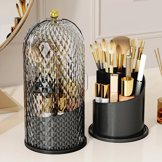 Black Elegant 360 Rotating Makeup Brush Holder & Cosmetic Organizer with Dustproof Dome Lid(Makeup is a prop for shooting and is not included)