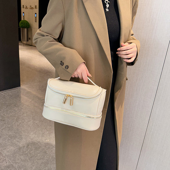 Beige Large Capacity Double Layer PU Leather Makeup Bag - Portable Travel Cosmetic Organizer Case