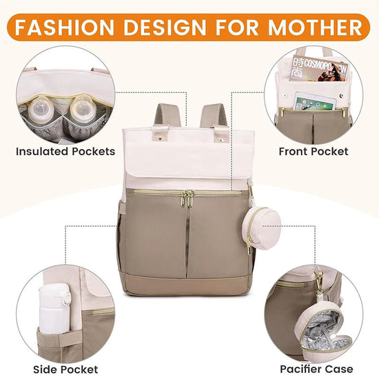 Khaki and Beige Stylish Nappy Bag Backpack - Multi-Functional Diaper Bag with Insulated Pockets, Changing Pad & Pacifier Case