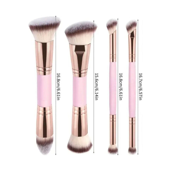 Pink and Glod Versatile 4pc Dual-Ended Makeup Brush Set - Soft Synthetic Bristles for Foundation Blush Contour Concealer