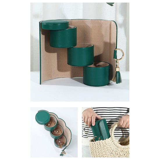 Green Elegant 3-Tier Cylindrical Travel Jewellery Box - PU Leather Organizer for Rings Earrings Necklaces with Tassel Charm