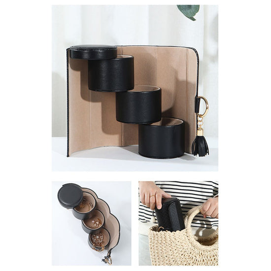 Black and Khaki Elegant 3-Tier Cylindrical Travel Jewellery Box - PU Leather Organizer for Rings Earrings Necklaces with Tassel Charm