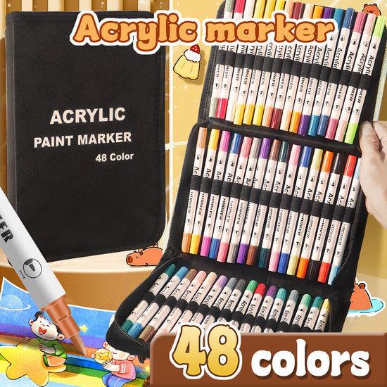 Colorful 48 Colors Dual Tip Acrylic Paint Marker Pens Set - Professional Art Markers with Carry Case for Artists, Crafts, Rock Painting