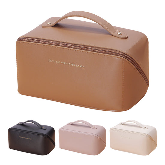 Brown Elegant PU Leather Makeup Bag & Toiletry Organizer with Detachable Mesh Pouch - Large Capacity Travel Cosmetic Case