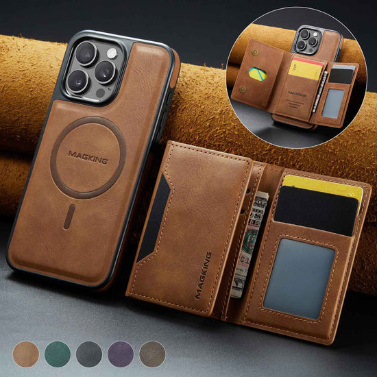Brown Premium MagSafe Wallet Case for iPhone 16 Pro Max - Detachable PU Leather Magnetic Card Holder