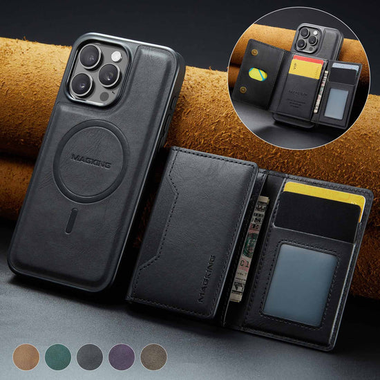 Black Premium MagSafe Wallet Case for iPhone 16 Pro - Detachable PU Leather Magnetic Card Holder