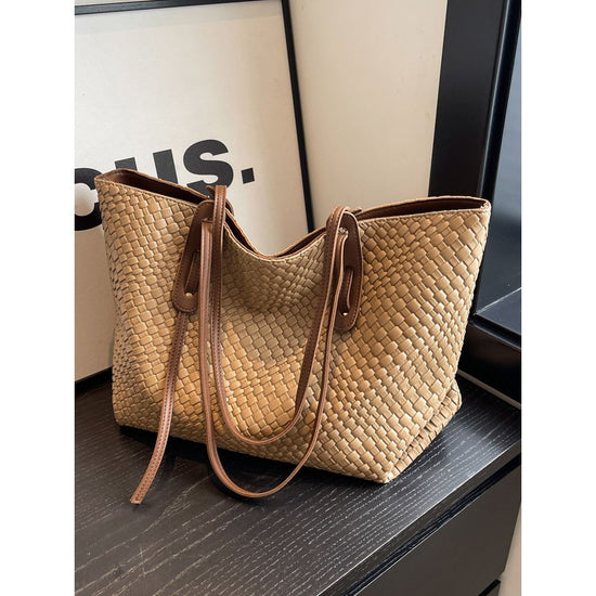 Khaki and Brown Chic Woven PU Leather Tote Bag - Large Capacity Casual Shoulder & Handbag for Women