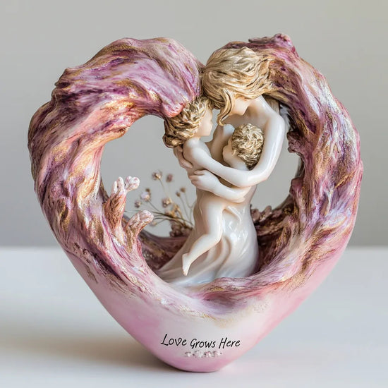 Pink Heartfelt Mother & Two Children Resin Figurine - "Love Grows Here" Decorative Home Accent Sculpture