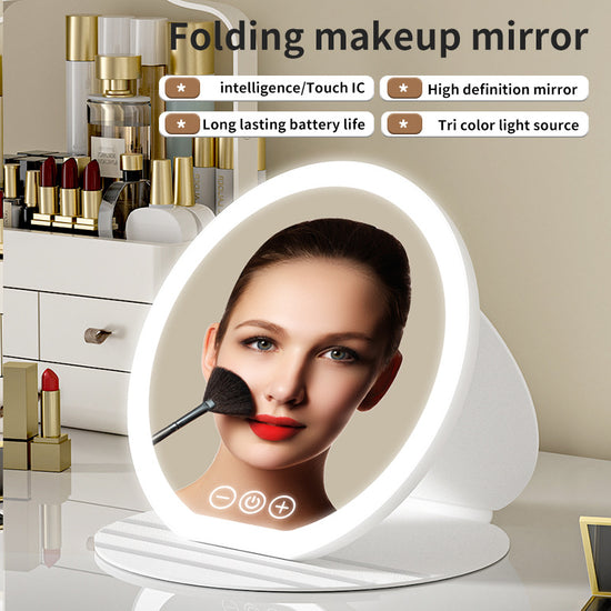 Black Large Round Foldable LED Makeup Mirror - 22cm Desktop Vanity with 3 Color Lights & Stepless Dimming