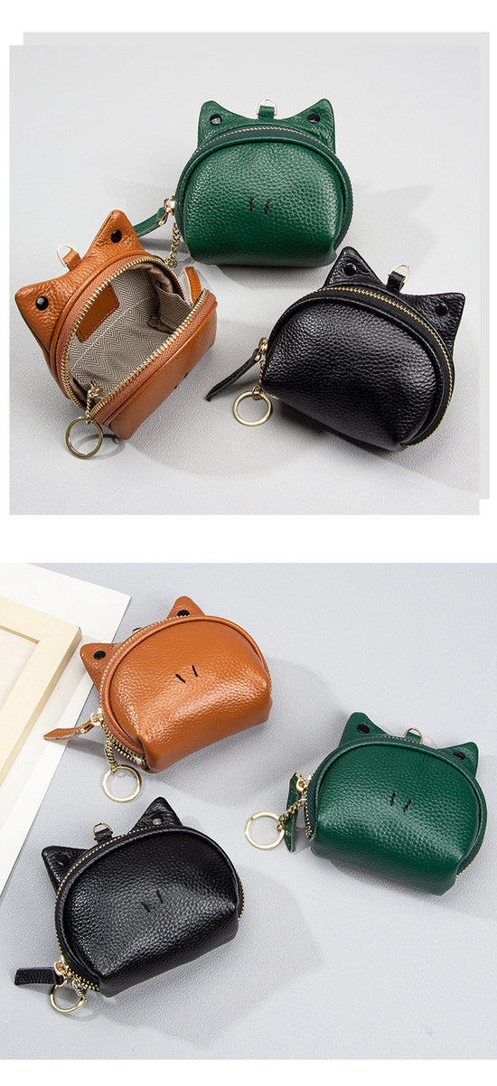Black Leather Frog Design Coin Purse - Cute Cartoon Mini Wallet Pouch for Keys & Coins with Keyring