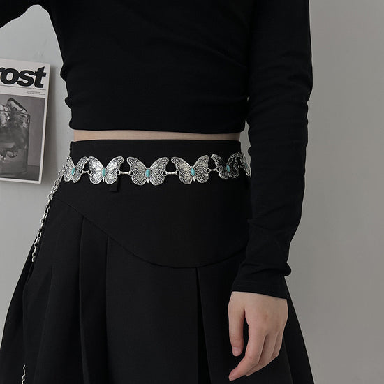 Turquoise Butterfly Belt Chain-Silver Set of 4 Bohemian Ethnic Style Metal Waist Chains - Versatile Fashion Belts for Dresses & Shirts